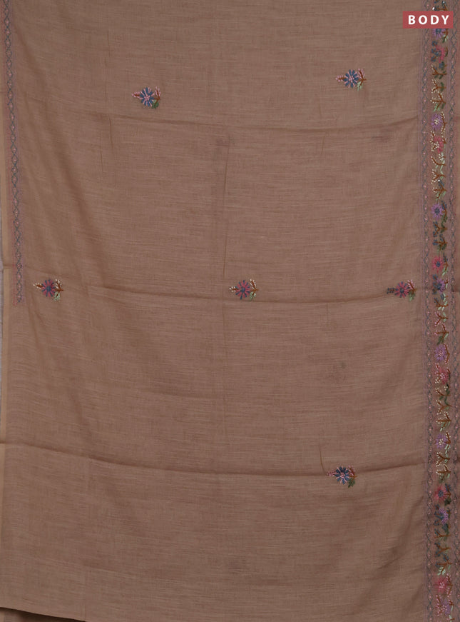 Khadi linen cotton saree dark beige with floral embroidery buttas and kantha stitch work pallu & border