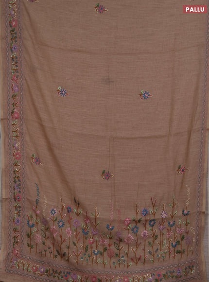 Khadi linen cotton saree dark beige with floral embroidery buttas and kantha stitch work pallu & border