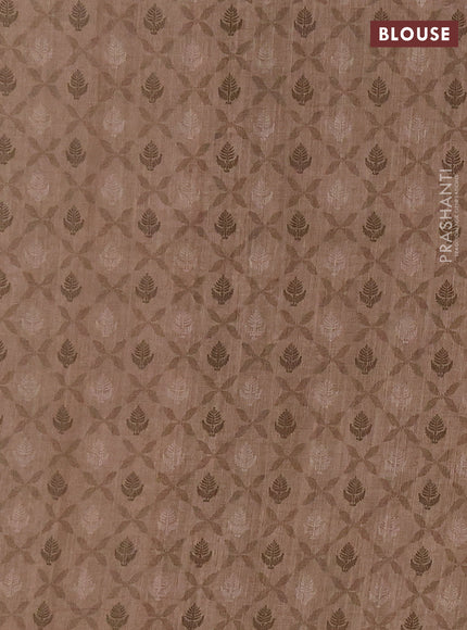 Khadi linen cotton saree dark beige with floral embroidery buttas and kantha stitch work pallu & border