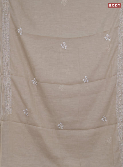 Khadi linen cotton saree beige with floral embroidery buttas and kantha stitch work pallu & border