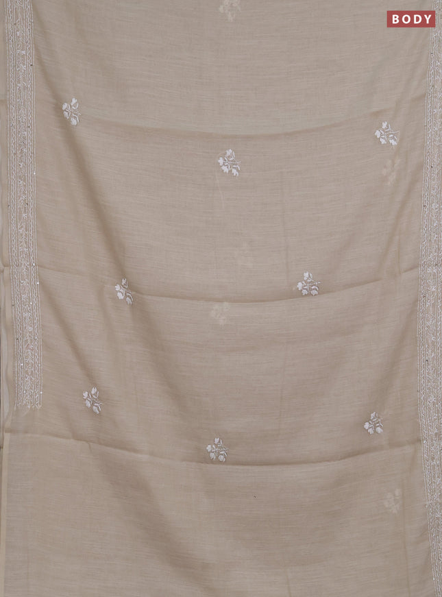 Khadi linen cotton saree beige with floral embroidery buttas and kantha stitch work pallu & border