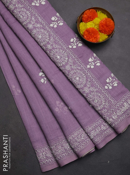 Khadi linen cotton saree lavender with floral embroidery buttas and kantha stitch work pallu & border