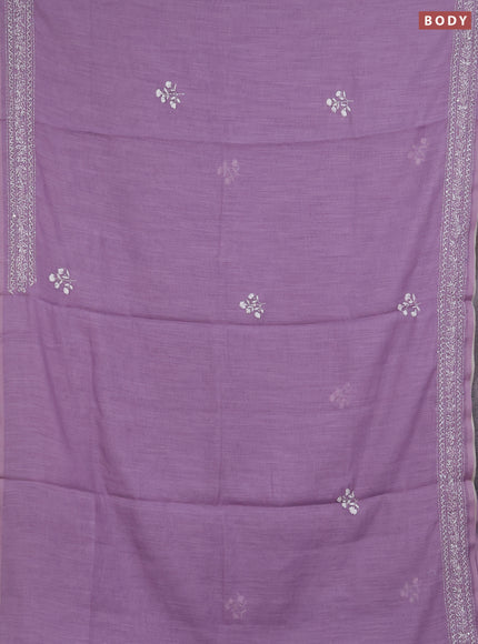 Khadi linen cotton saree lavender with floral embroidery buttas and kantha stitch work pallu & border