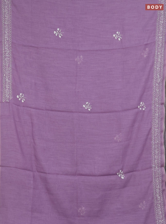 Khadi linen cotton saree lavender with floral embroidery buttas and kantha stitch work pallu & border