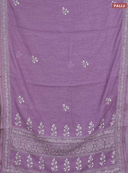 Khadi linen cotton saree lavender with floral embroidery buttas and kantha stitch work pallu & border