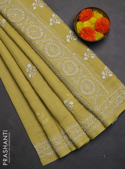 Khadi linen cotton saree lime yellow with floral embroidery buttas and kantha stitch work pallu & border