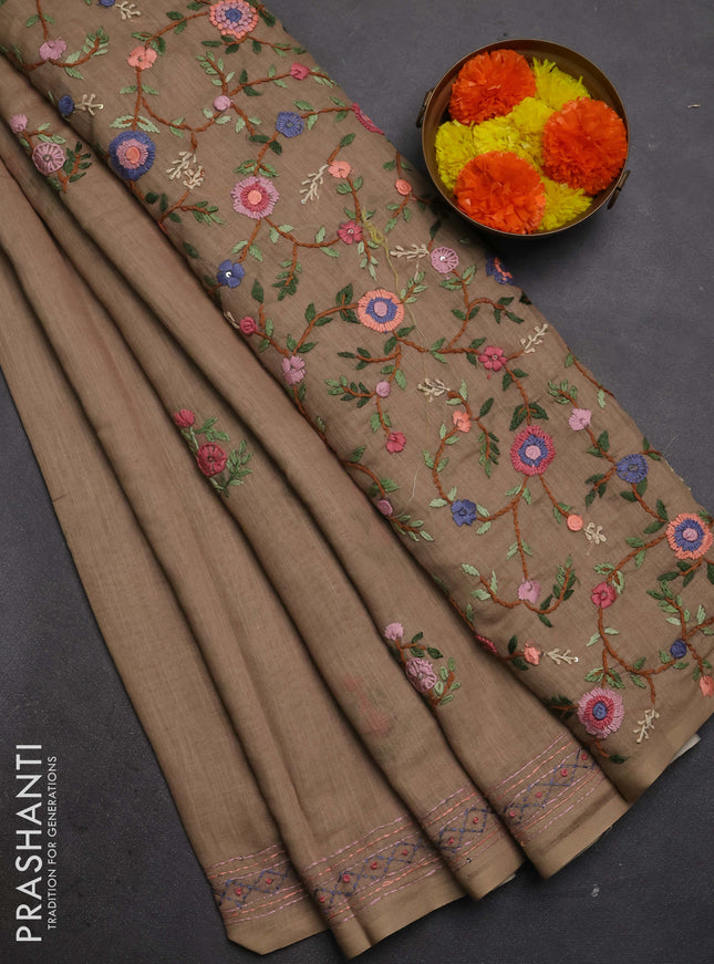 Khadi linen cotton saree dark beige with embroidery buttas and kantha stitch work pallu & border