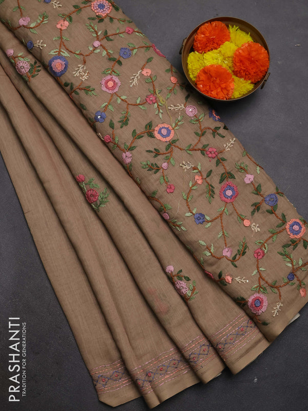 Khadi linen cotton saree dark beige with embroidery buttas and kantha stitch work pallu & border