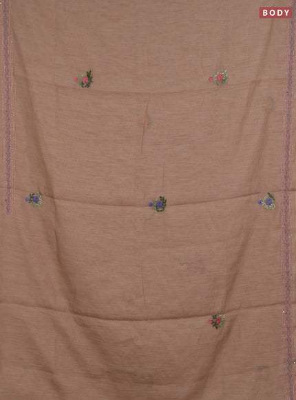 Khadi linen cotton saree dark beige with embroidery buttas and kantha stitch work pallu & border