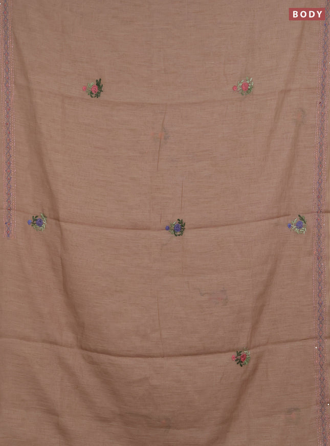 Khadi linen cotton saree dark beige with embroidery buttas and kantha stitch work pallu & border