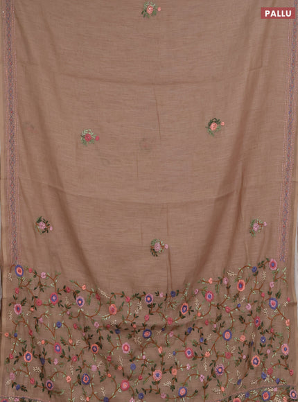 Khadi linen cotton saree dark beige with embroidery buttas and kantha stitch work pallu & border
