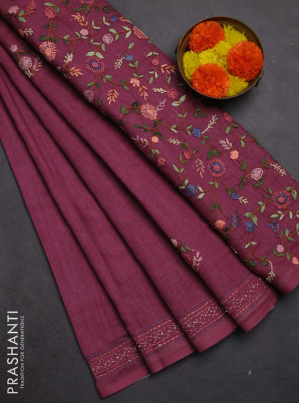 Khadi linen cotton saree wine shade with embroidery buttas and kantha stitch work pallu & border