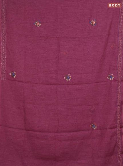 Khadi linen cotton saree wine shade with embroidery buttas and kantha stitch work pallu & border