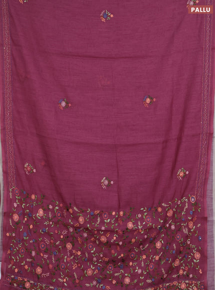 Khadi linen cotton saree wine shade with embroidery buttas and kantha stitch work pallu & border