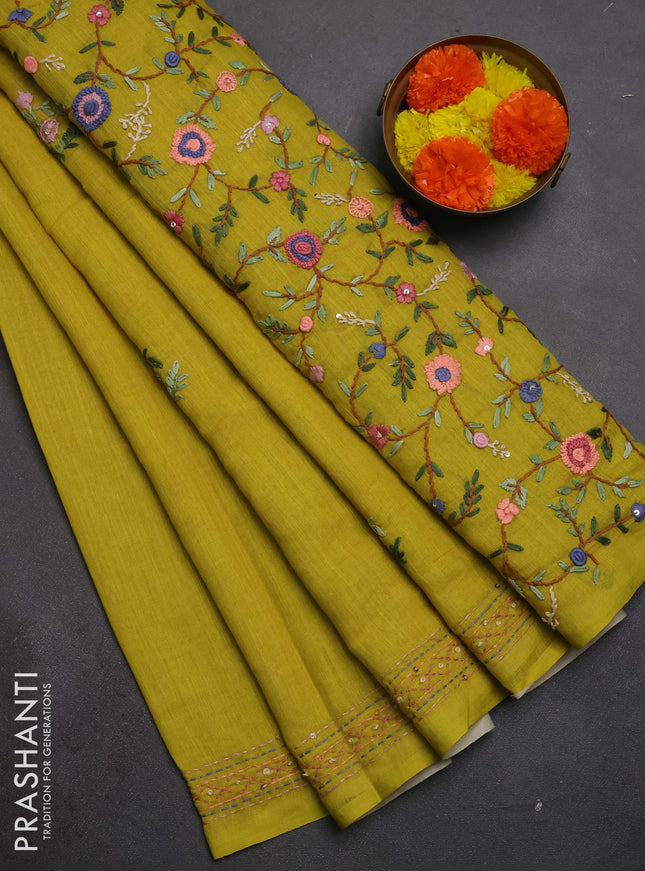 Khadi linen cotton saree lime green with embroidery buttas and kantha stitch work pallu & border