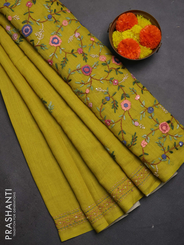 Khadi linen cotton saree lime green with embroidery buttas and kantha stitch work pallu & border