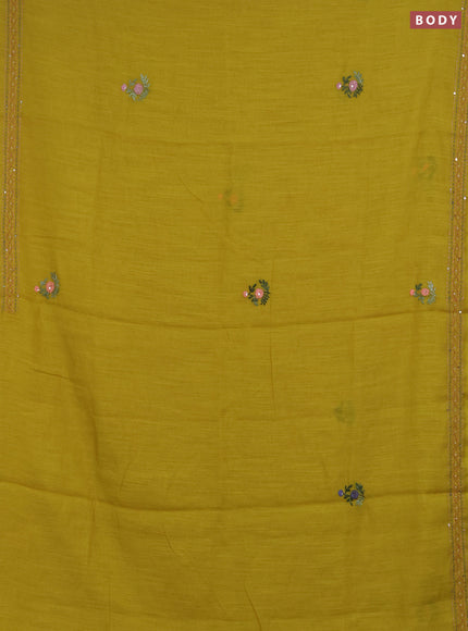 Khadi linen cotton saree lime green with embroidery buttas and kantha stitch work pallu & border
