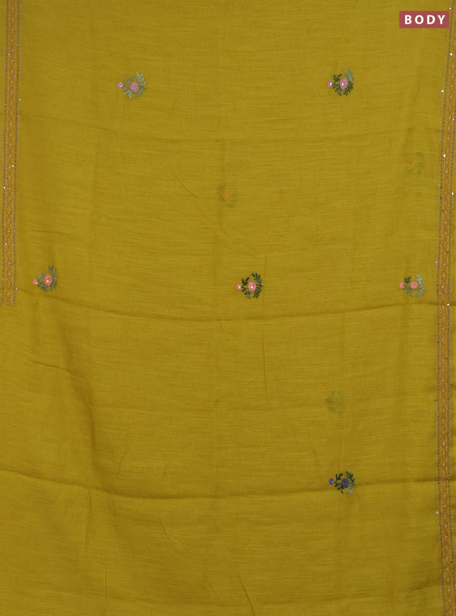 Khadi linen cotton saree lime green with embroidery buttas and kantha stitch work pallu & border