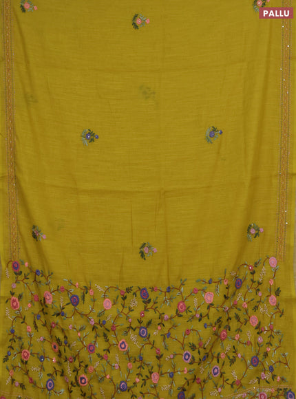 Khadi linen cotton saree lime green with embroidery buttas and kantha stitch work pallu & border