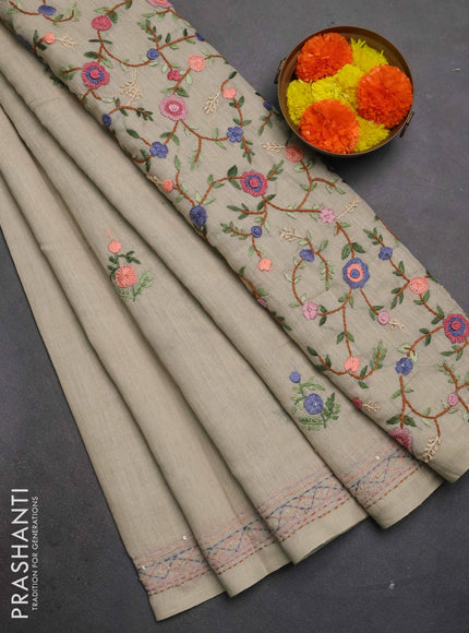 Khadi linen cotton saree beige with embroidery buttas and kantha stitch work pallu & border