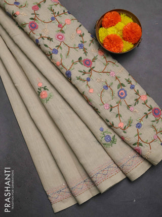 Khadi linen cotton saree beige with embroidery buttas and kantha stitch work pallu & border