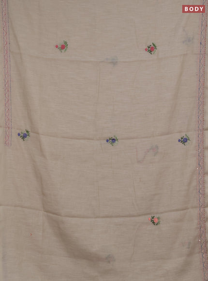 Khadi linen cotton saree beige with embroidery buttas and kantha stitch work pallu & border