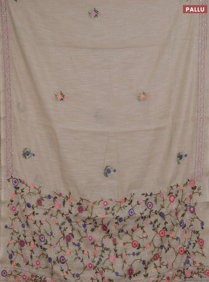 Khadi linen cotton saree beige with embroidery buttas and kantha stitch work pallu & border