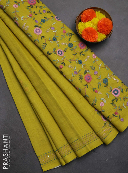 Khadi linen cotton saree lime green with embroidery buttas and kantha stitch work pallu & border