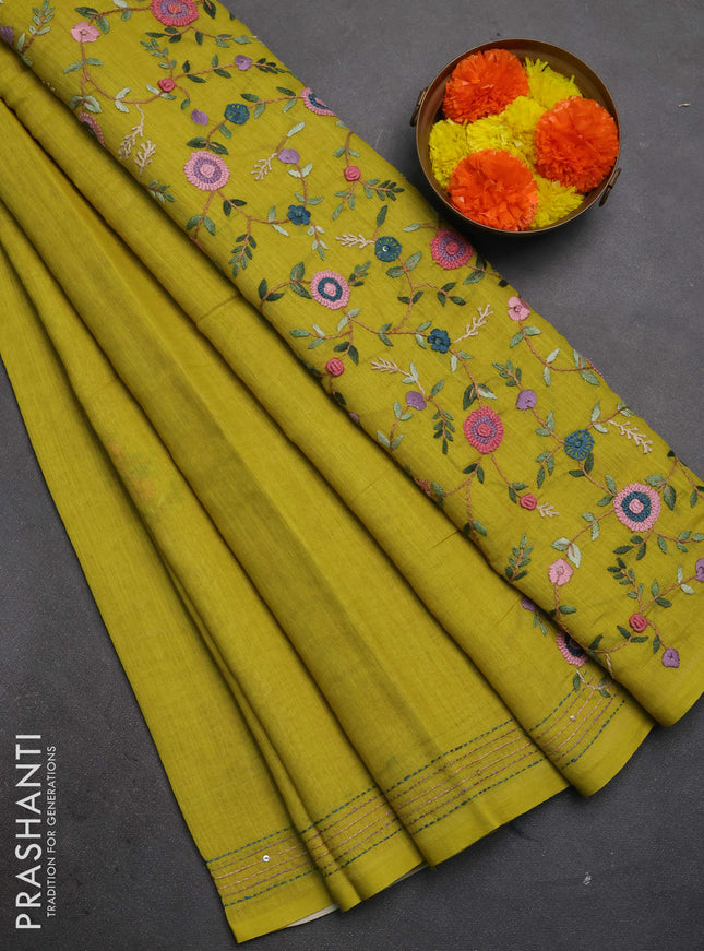 Khadi linen cotton saree lime green with embroidery buttas and kantha stitch work pallu & border