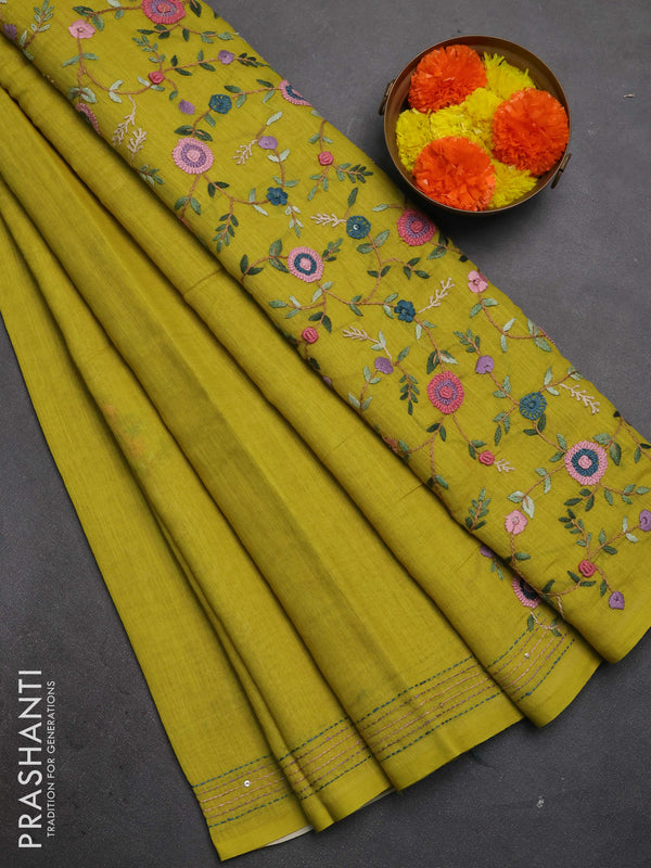 Khadi linen cotton saree lime green with embroidery buttas and kantha stitch work pallu & border