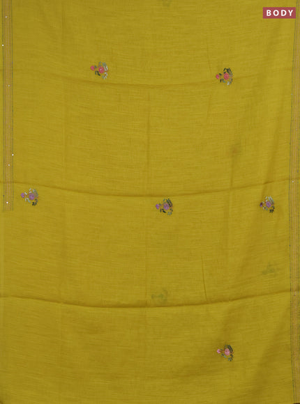 Khadi linen cotton saree lime green with embroidery buttas and kantha stitch work pallu & border