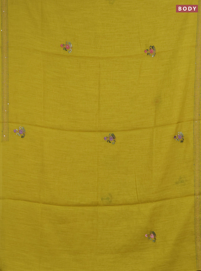 Khadi linen cotton saree lime green with embroidery buttas and kantha stitch work pallu & border