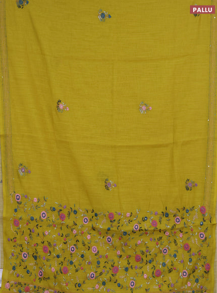 Khadi linen cotton saree lime green with embroidery buttas and kantha stitch work pallu & border