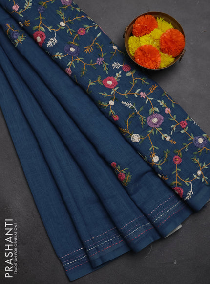 Khadi linen cotton saree blue with embroidery buttas and kantha stitch work pallu & border
