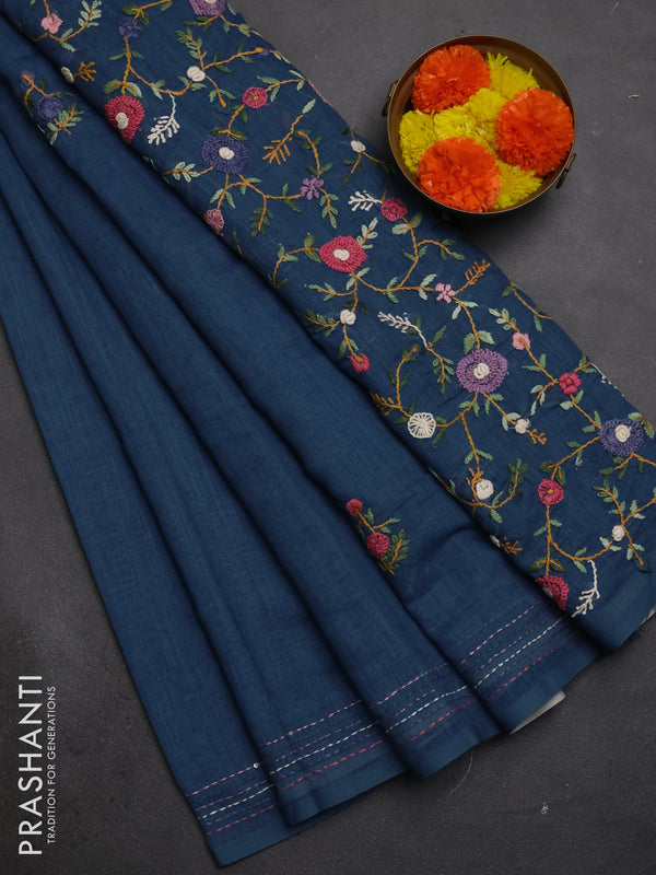 Khadi linen cotton saree blue with embroidery buttas and kantha stitch work pallu & border