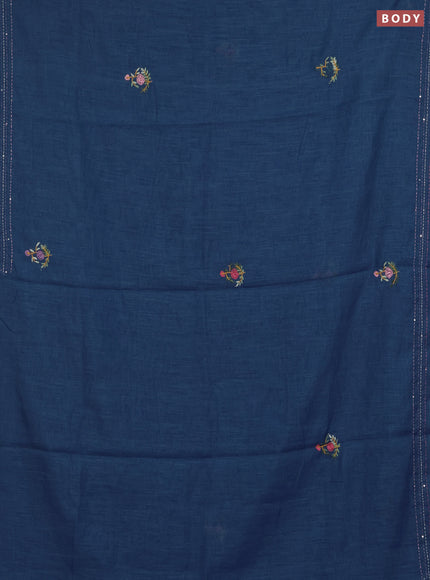 Khadi linen cotton saree blue with embroidery buttas and kantha stitch work pallu & border