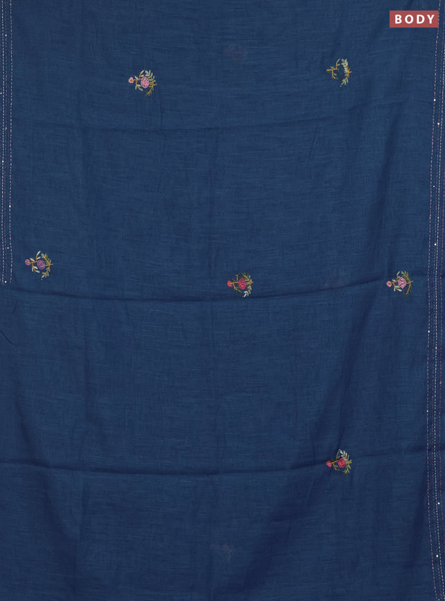 Khadi linen cotton saree blue with embroidery buttas and kantha stitch work pallu & border