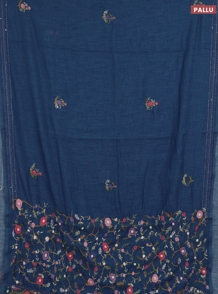 Khadi linen cotton saree blue with embroidery buttas and kantha stitch work pallu & border