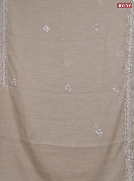 Khadi linen cotton saree beige with floral embroidery buttas and kantha stitch work pallu & border