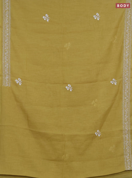 Khadi linen cotton saree lime yellow with floral embroidery buttas and kantha stitch work pallu & border