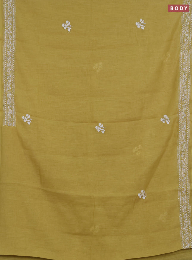 Khadi linen cotton saree lime yellow with floral embroidery buttas and kantha stitch work pallu & border