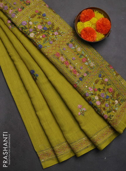 Khadi linen cotton saree lime green with floral embroidery buttas and kantha stitch work pallu & border