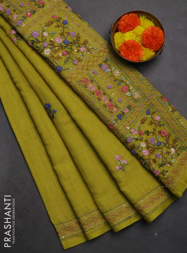 Khadi linen cotton saree lime green with floral embroidery buttas and kantha stitch work pallu & border