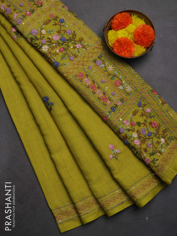 Khadi linen cotton saree lime green with floral embroidery buttas and kantha stitch work pallu & border