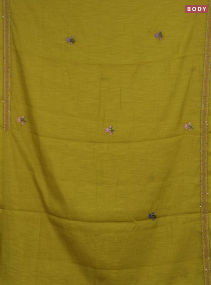 Khadi linen cotton saree lime green with floral embroidery buttas and kantha stitch work pallu & border