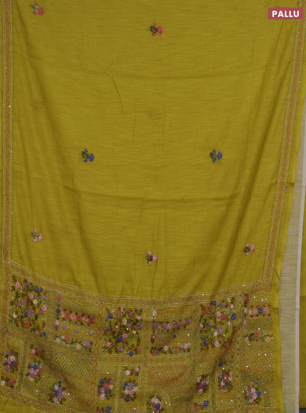 Khadi linen cotton saree lime green with floral embroidery buttas and kantha stitch work pallu & border