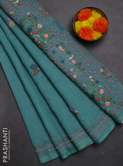 Khadi linen cotton saree teal green with floral embroidery buttas and kantha stitch work pallu & border