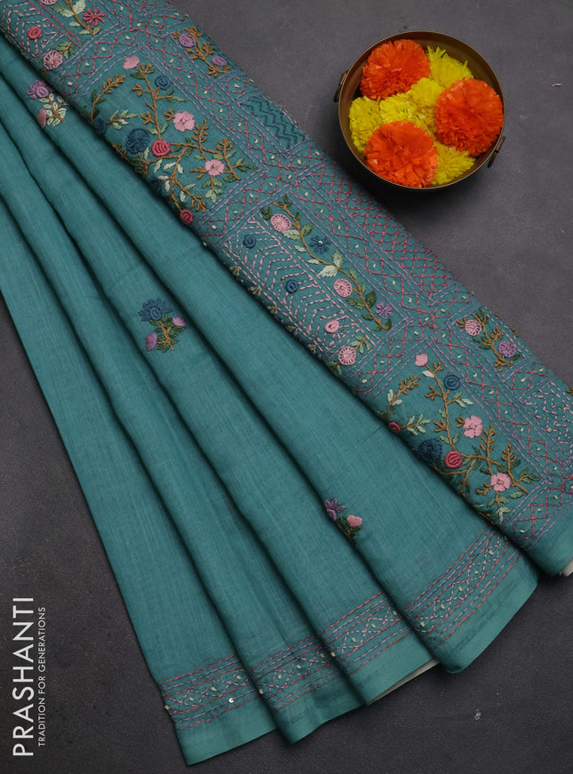 Khadi linen cotton saree teal green with floral embroidery buttas and kantha stitch work pallu & border