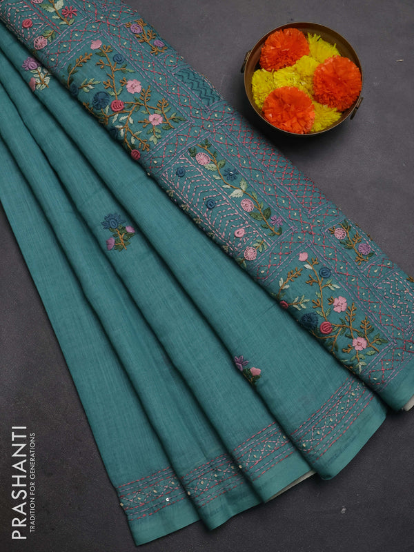 Khadi linen cotton saree teal green with floral embroidery buttas and kantha stitch work pallu & border