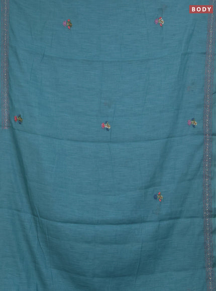 Khadi linen cotton saree teal green with floral embroidery buttas and kantha stitch work pallu & border